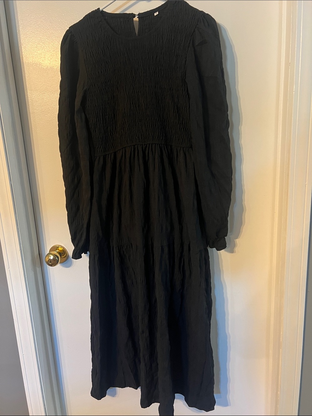 Black Long-Sleeve Smocked Bodice Midi Dress